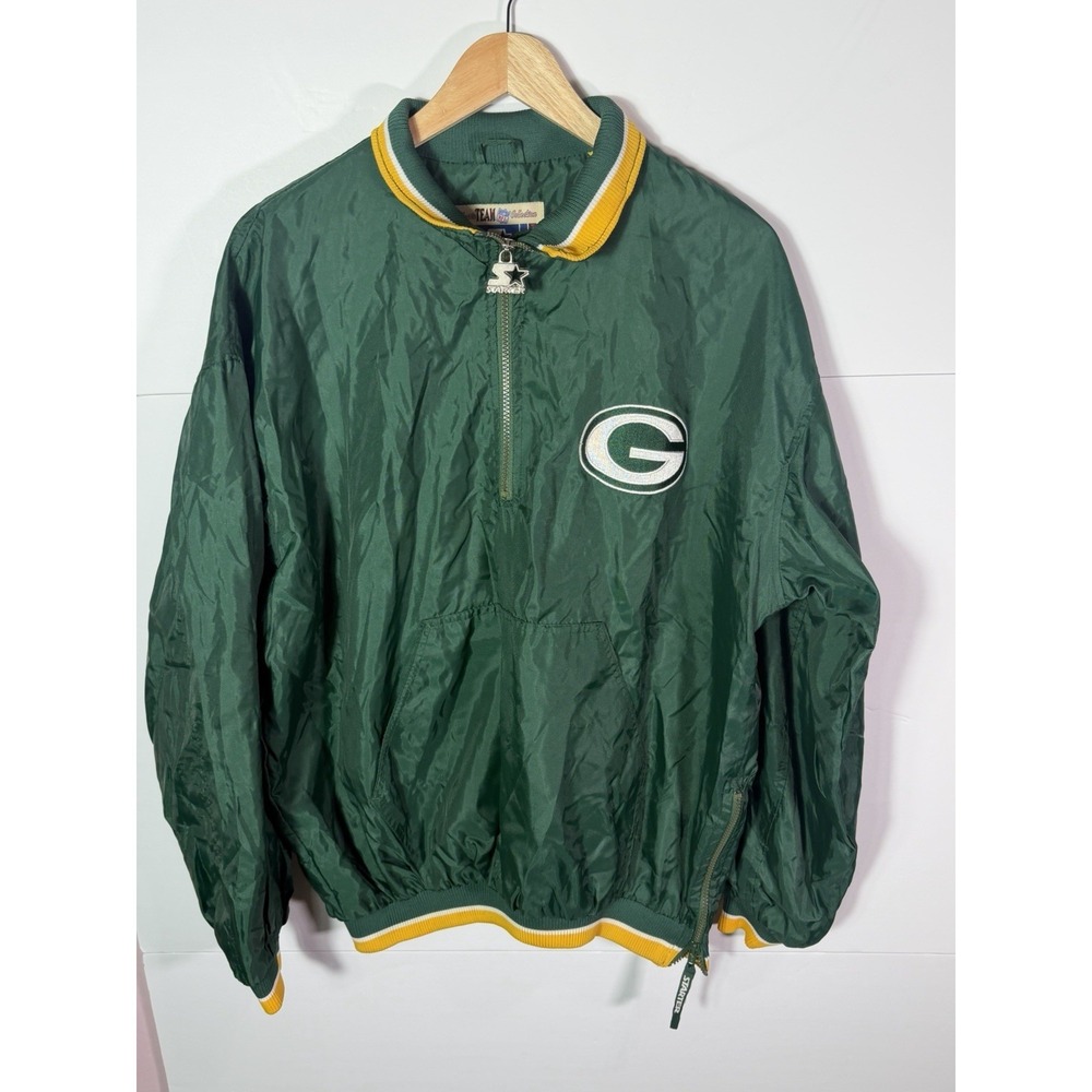 Vintage Starter Green Bay Packers Pullover Jacket L NFL Half Zip Green Coat